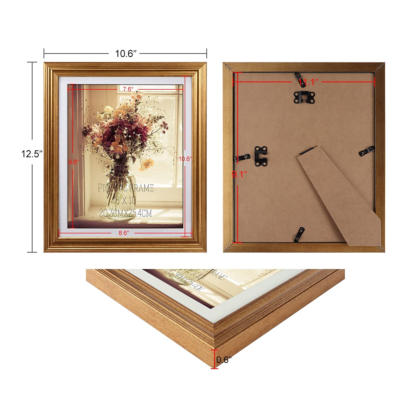 MEBRUDY 8x10 Picture Frames with Mat, Gold Photo Frames Set for Wall or Tabletop Display, 6 Pack